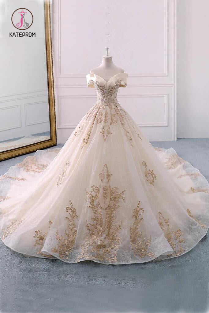 Gorgeous Off the Shoulder Ball Gown Wedding Dress, Long Appliques Bridal Dress KPW0322