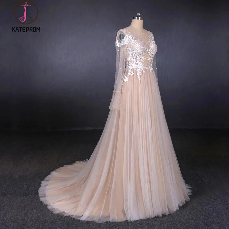 Sexy Sheer Neck Long Sleeves Tulle Wedding Dress, Charming Tulle Bridal Dress with Lace KPW0485