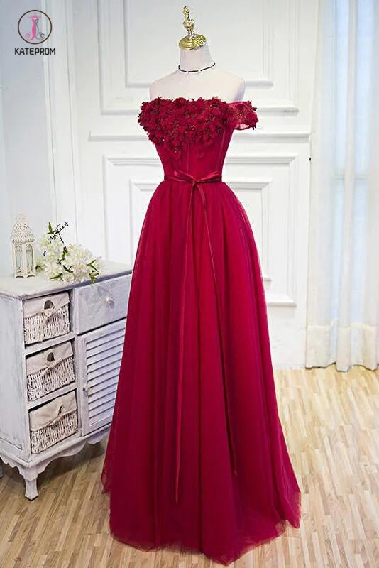 Burgundy Off the Shoulder Floor Length Prom Dress with Hand Made Flowers Belt KPP0397