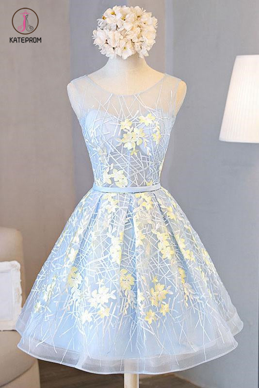 Appliqued A line Tulle Lace Short Prom dress,Sleeveless Homecoming Dresses with Belt KPH0233