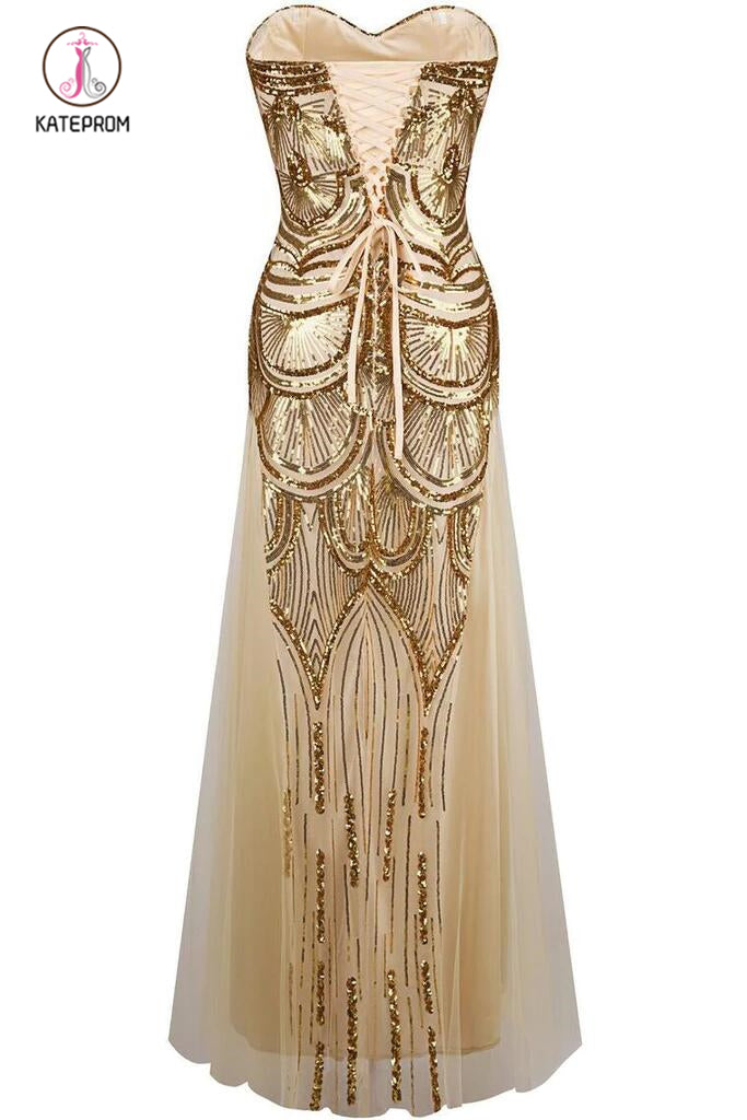 Floor Length Sweetheart Tulle Prom Dress with Sequins, Strapless Formal Dresses KPB0133