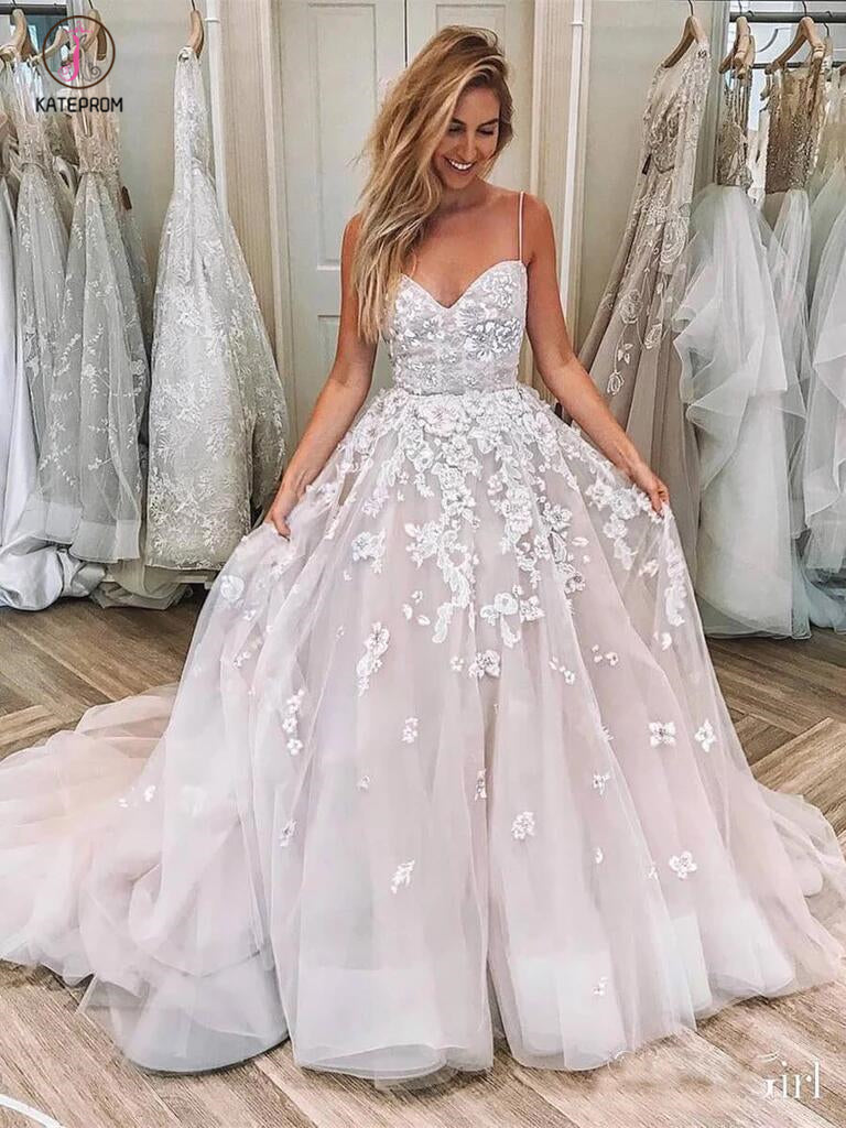 Spaghetti Strap Sleeveless Lace Applique Wedding Dresses, Puffy Long Bridal Gown KPW0273