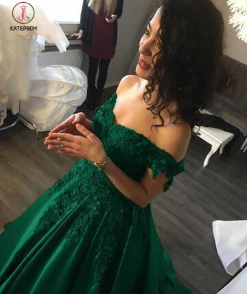 A Line Burgundy Off the Shoulder Lace Up Back Applique Satin Long Prom Dress KPP0367