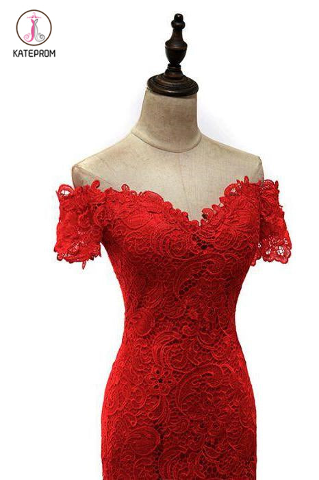 Red Off the Shoulder Mermaid Lace Prom Dresses, Sweep Train Long Evening Dresses KPP0565