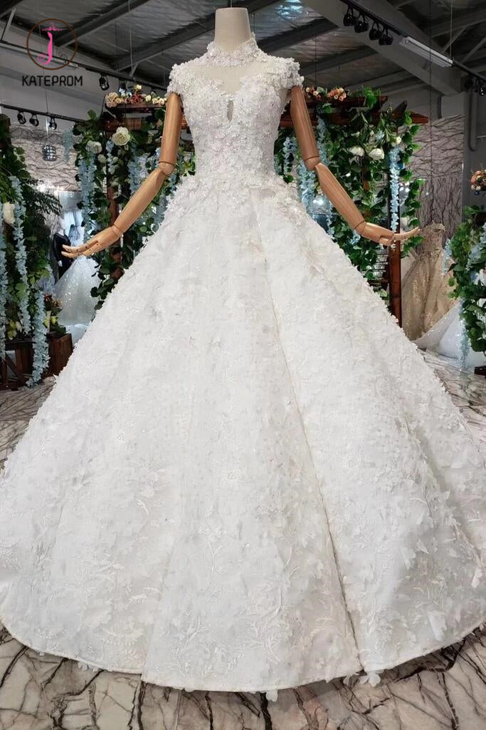 Gorgeous High Neck Ball Gown Lace Wedding Dress, Long Big Wedding Gown with Sequins KPW0346