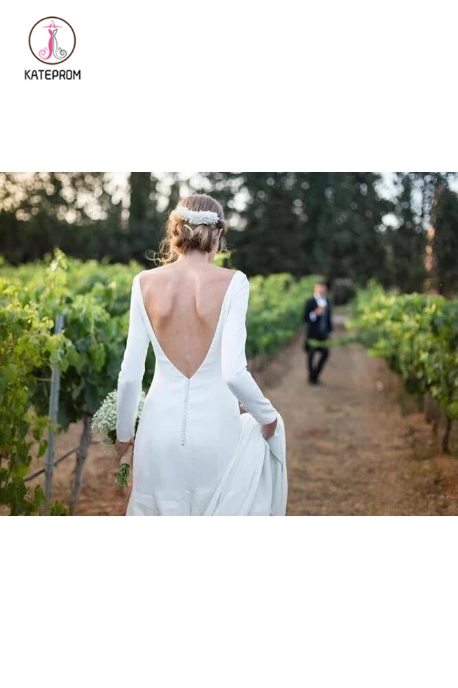 Long Sleeve Sheath Wedding Dresses Simple Modest Long Country Wedding Dress KPW0450