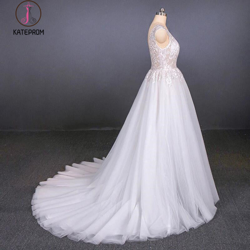 Sexy V Neck Tulle Wedding Dress with Lace Appliques, A Line Backless Bridal Dress KPW0467