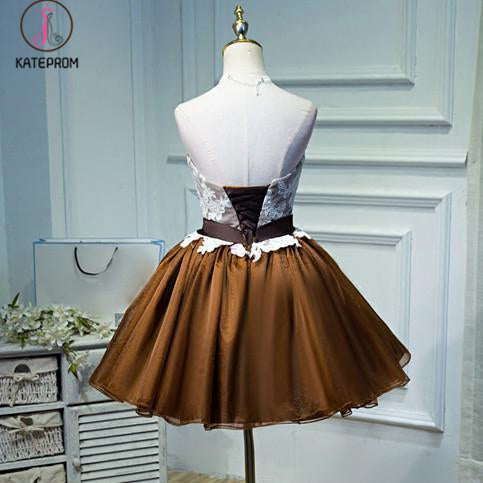 Strapless Tulle Homecoming Dress Lace Appliqued Bowknot Short Prom Dress Party Dress KPH0204