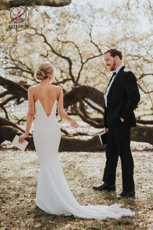 Spaghetti Straps Mermaid Backless V-Neck Beach Wedding Dresses, Simple Boho Bridal Dress KPW0295