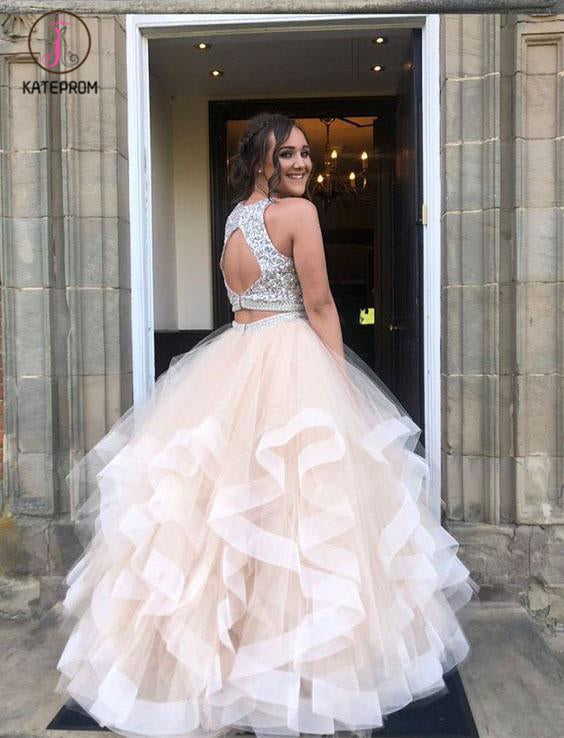 Sparkly Two Piece Long Prom Dress with Open Back, Sequined Tulle Party Dresses KPP0596