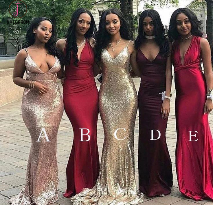 Sexy Affordable V-neck Unique Custom Mismatched Mermaid Long Bridesmaid Dresses KPB0070