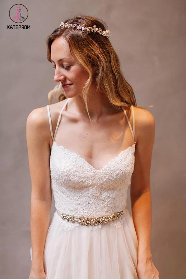 Spaghetti Straps Sleeveless Sweep Train Lace Beach Wedding Dress with Beading Waist KPW0123
