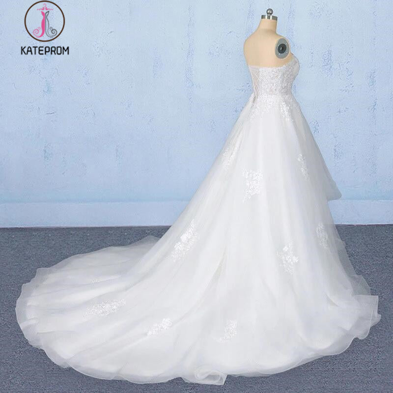 Off White Sweetheart High Low Tulle Appliques Wedding Dresses with Train KPW0488