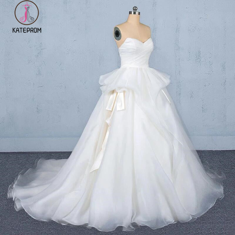 Ball Gown Sweetheart Tulle Ivory Wedding Dress, Gorgeous Sweep Train Bridal Dresses KPW0492