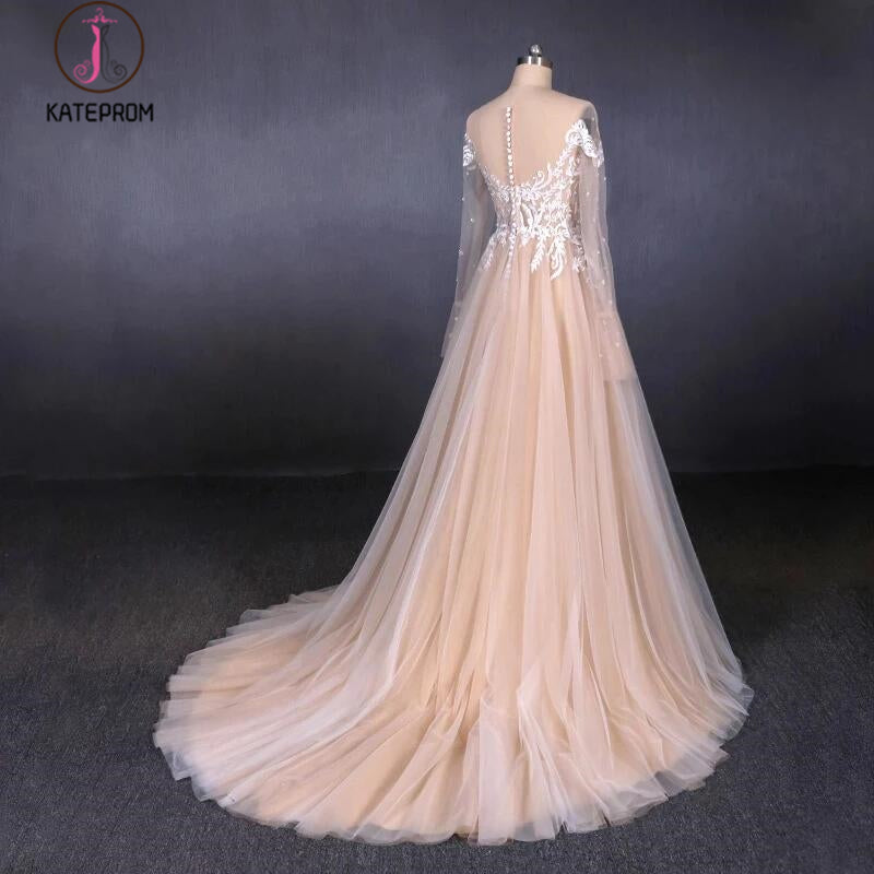 Sexy Sheer Neck Long Sleeves Tulle Wedding Dress, Charming Tulle Bridal Dress with Lace KPW0485