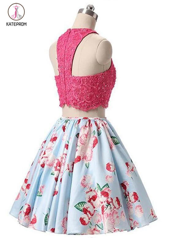 New Arrival Two Piece Round Neck Homecoming Dresses,Light Blue Short Prom Gown KPH0114