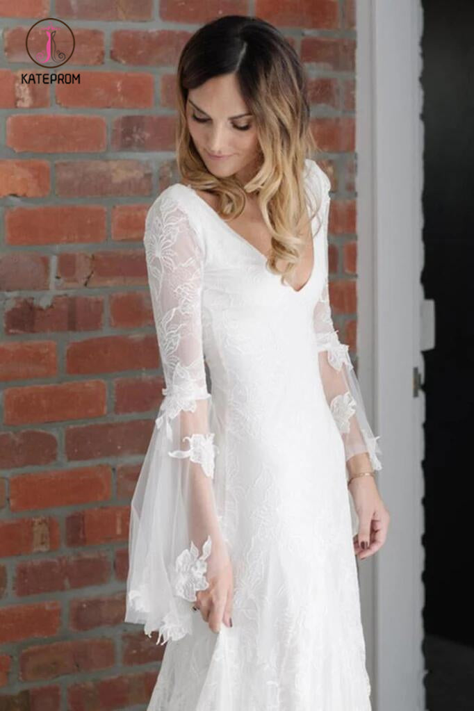 Boho V Neck Beach Wedding Dress with Long Sleeves, Unique Lace Wedding Dresses KPW0394