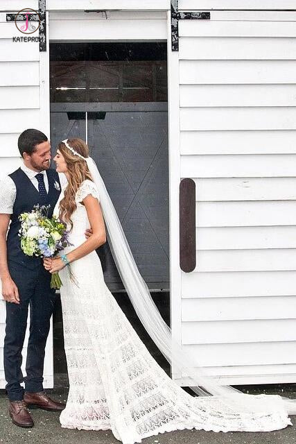 Boho Mermaid Lace Beach Wedding Dresses Cap Sleeve Bohemian Bridal Gown KPW0275