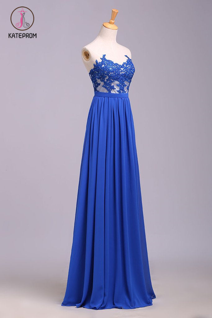 Elegant Strapless Chiffon Evening Dress with Lace Appliques, Long Prom Dress KPP0575