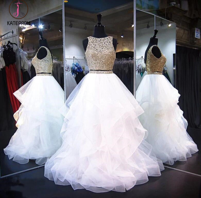 Two Piece White Shiny Ruffles Sleeveless Floor Length Prom Gown with Gold Top KPP0256