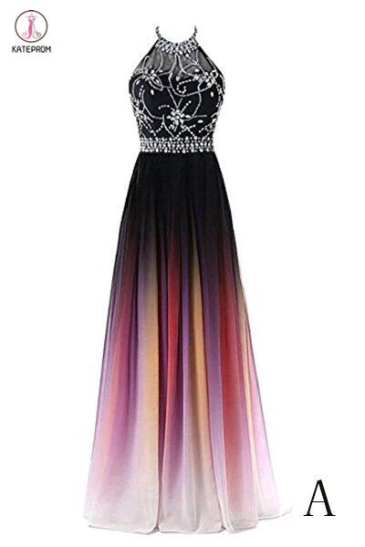 A-line Halter Gradient Chiffon Long Prom Dress Ombre Beads Evening Dresses KPP0209