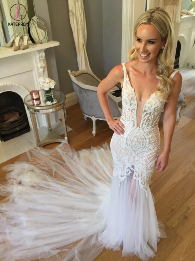 Mermaid Lace Deep V-neck Sleeveless Long Tulle Beach Wedding Dress,Bridal Gown KPW0159