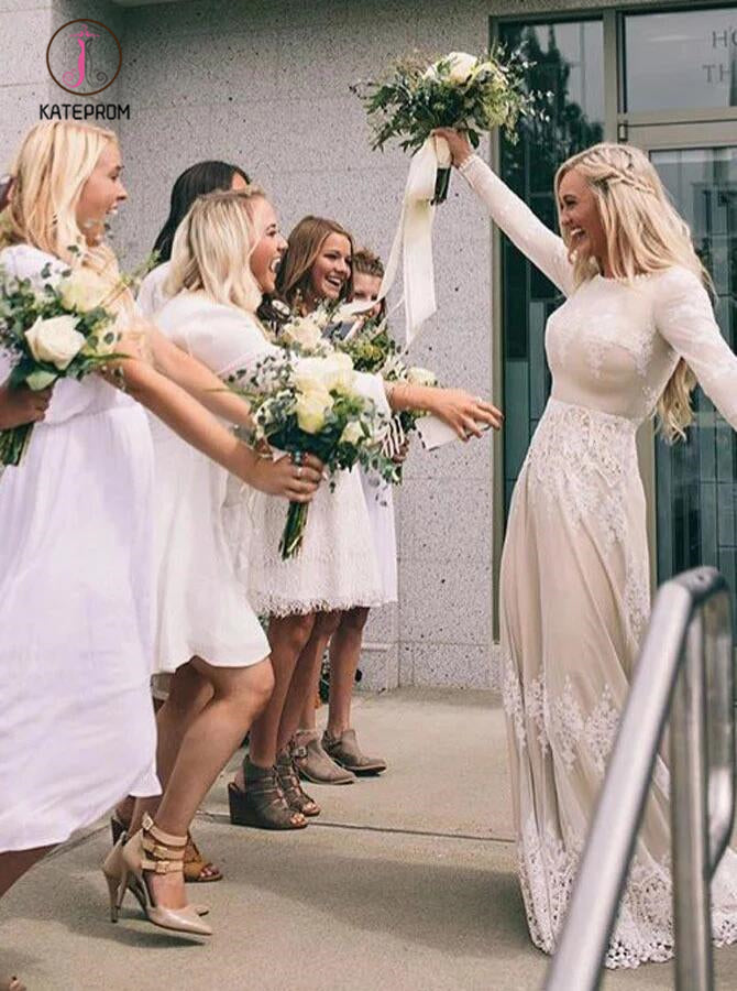 A-Line Bateau Long Sleeves Ivory Tulle Wedding Dress with Lace Appliques KPW0522