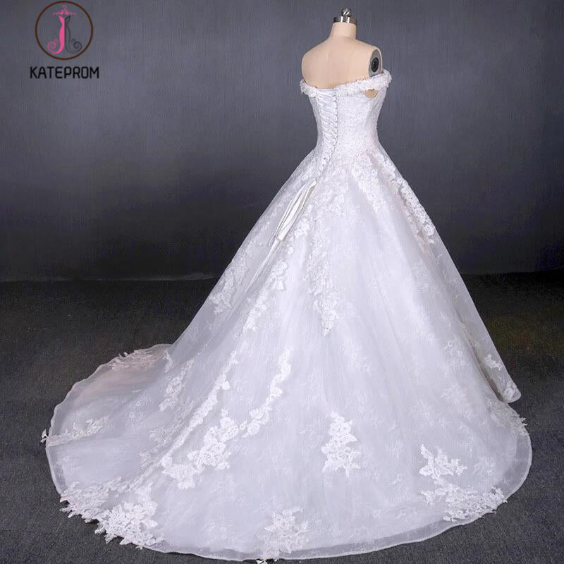 Ball Gown Off Shoulder Appliques Wedding Dresses, Puffy Lace Appliqued Bridal Dress KPW0494