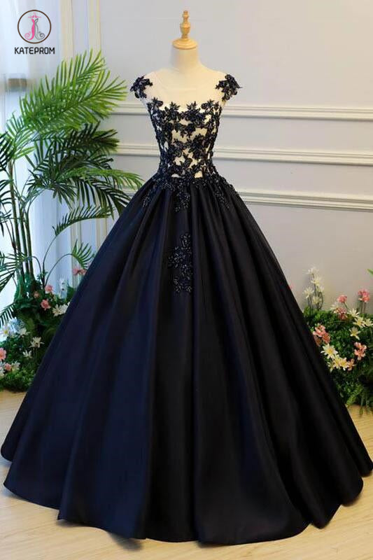 Generous Princess Cap Sleeves Scoop Black Applique Satin Long Prom/Evening Dress KPP0331