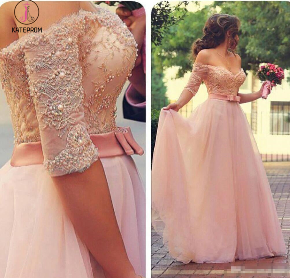 Shiny Pink Off the Shoulder Half Sleeves Sash Bow Beads Pearls Tulle Prom Dresses KPP0431