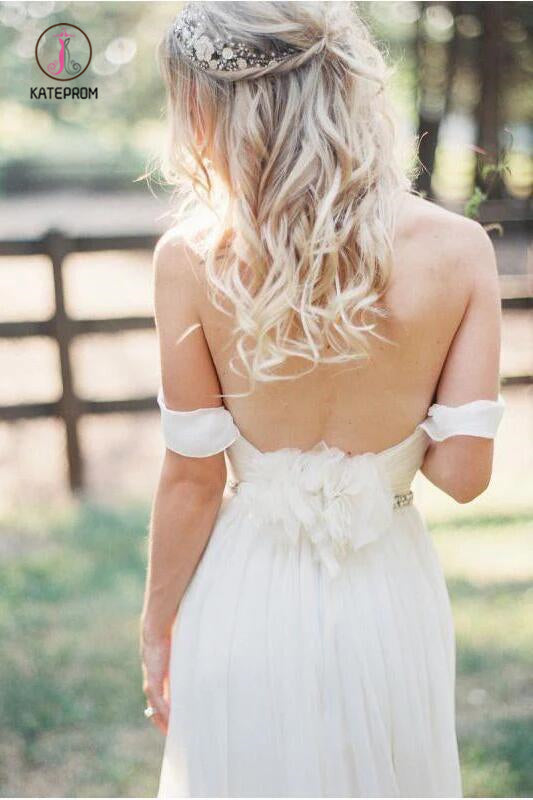 Simple Off the Shoulder Beach Wedding Dress with Beading Waist, Ivory Wedding Dress KPW0287