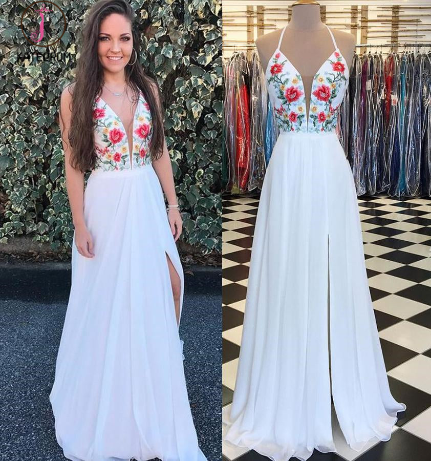 Red Chiffon Long Prom Dress with Side Slit, Embroidery Applique Long Evening Dress KPP0611