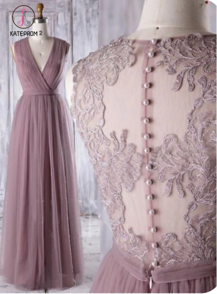 Dark Mauve Tulle Prom Dress Neck Maxi Dress A-Line Party Dress Illusion Evening Dress KPB0181