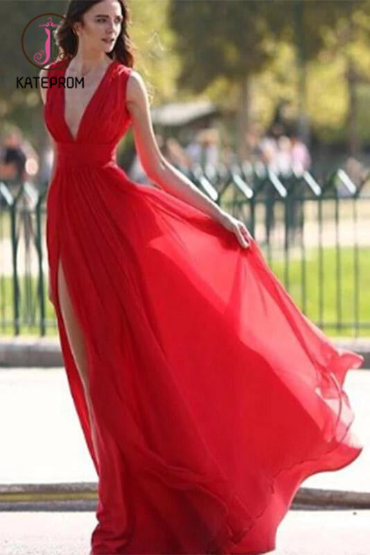 Split V-neck Red Evening Dress,Sexy Party Dresses with V Back,Sleeveless Chiffon Prom Dresses KPP0165