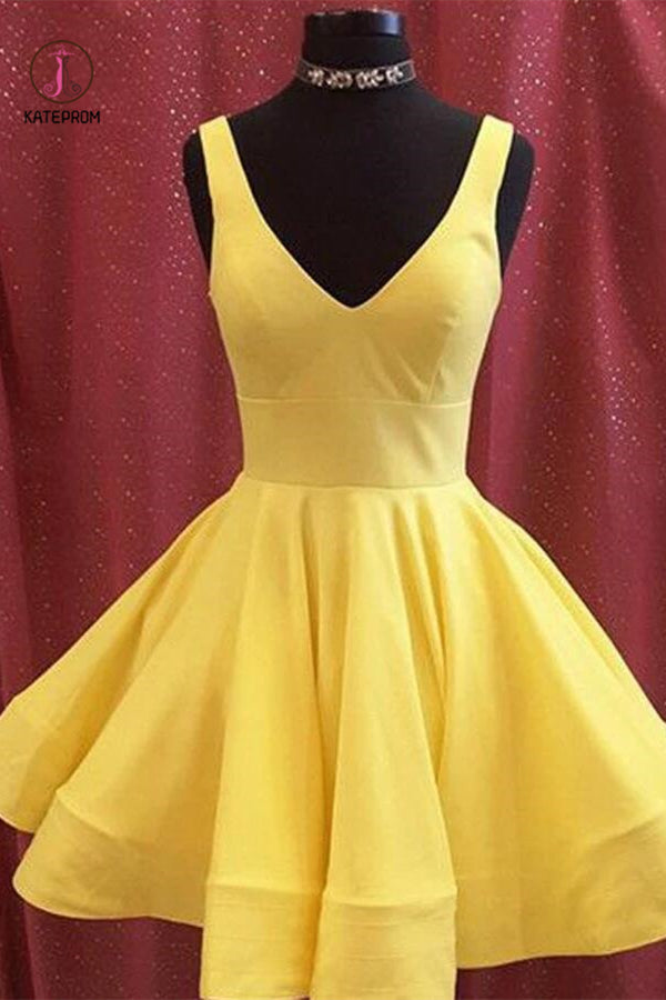A-line Yellow Satin Short Prom Dress Homecoming Dress Short Prom Dresses KPH0001