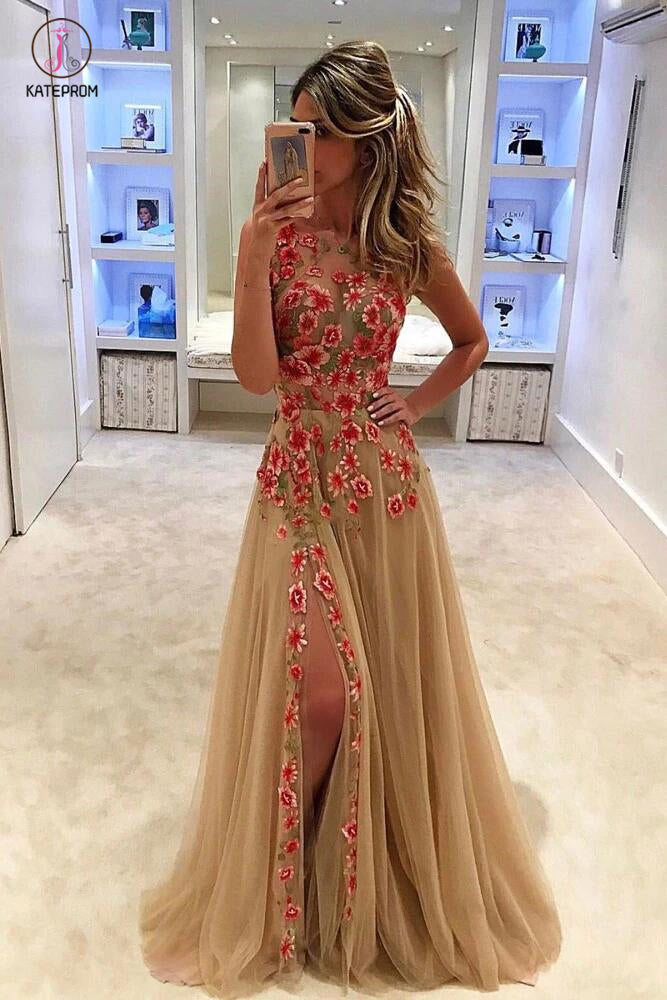 Unique Tulle Applique Side Slit Sleeveless Split Prom Dress,New A-line Formal Dress KPP0414