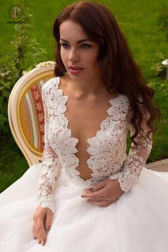 Boho Puffy Tulle Bridal Dress with Lace, Long Sleeves Sheer Neck Ivory Wedding Dress KPW0270