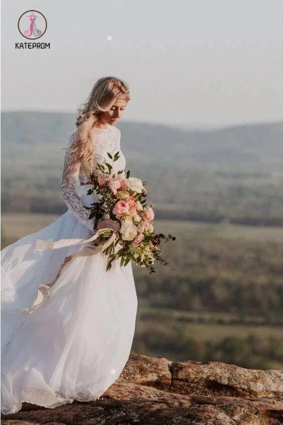 Romantic Two Piece Long Sleeves Wedding Dress with Lace, A Line Ivory Chiffon Bridal Dress KPW0515