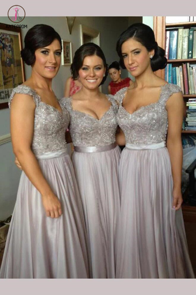 Silver Hot V-neck Chiffon Lace Appliques Bridesmaid Dresses,Prom Dress KPB0060