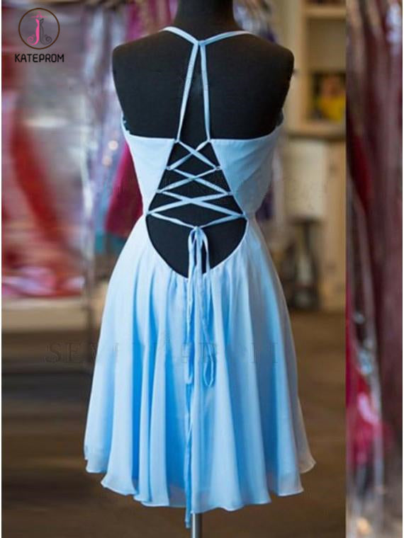 A-Line Halter Criss-Cross Straps Blue Chiffon Homecoming Dress with Pleats,Short Blue Dress KPH0256