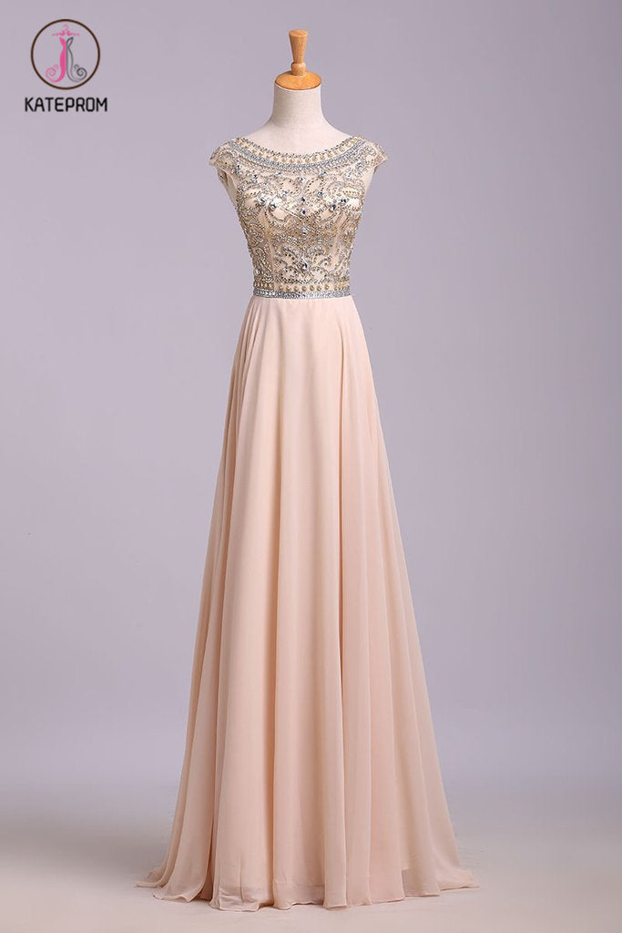 A Line Floor Length Scoop Chiffon Prom Dress, Beading Long Evening Dresses KPP0572