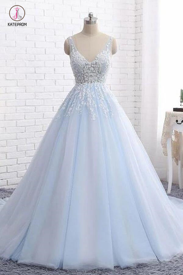 Light Blue V Neck Sleeveless Ball Gown Wedding Dress, Appliqued Tulle Bridal Dresses KPW0248