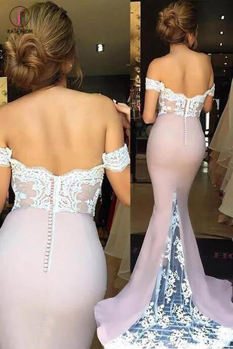 Mermaid Off the Shoulder Sweep Train Blush Pink Bridesmaid Dresses with Lace KPB0072