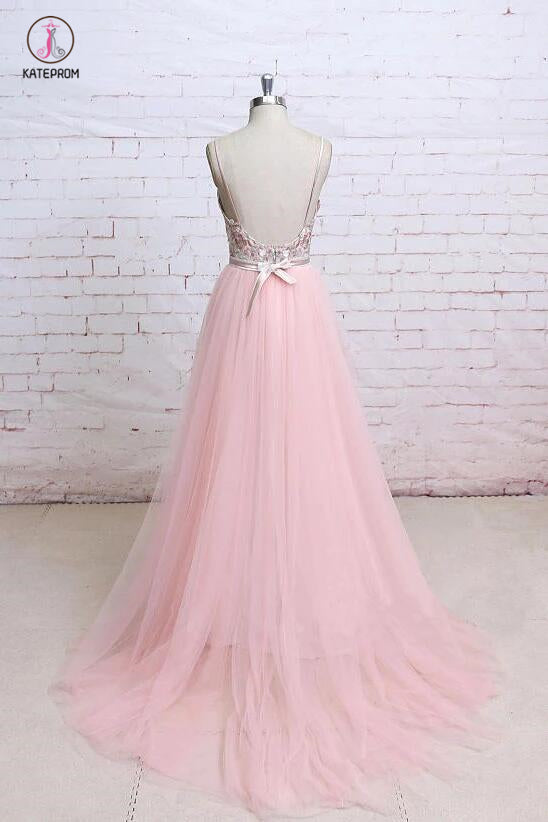 Spaghetti Straps Pink Lace Flora Tulle Sweetheart Backless Wedding Dress,Prom Dress KPW0198
