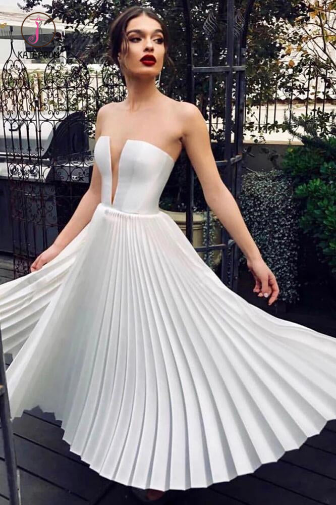 Ankle Length Strapless Wedding Dress, Ivory Pleats Beach Wedding Dresses KPW0463
