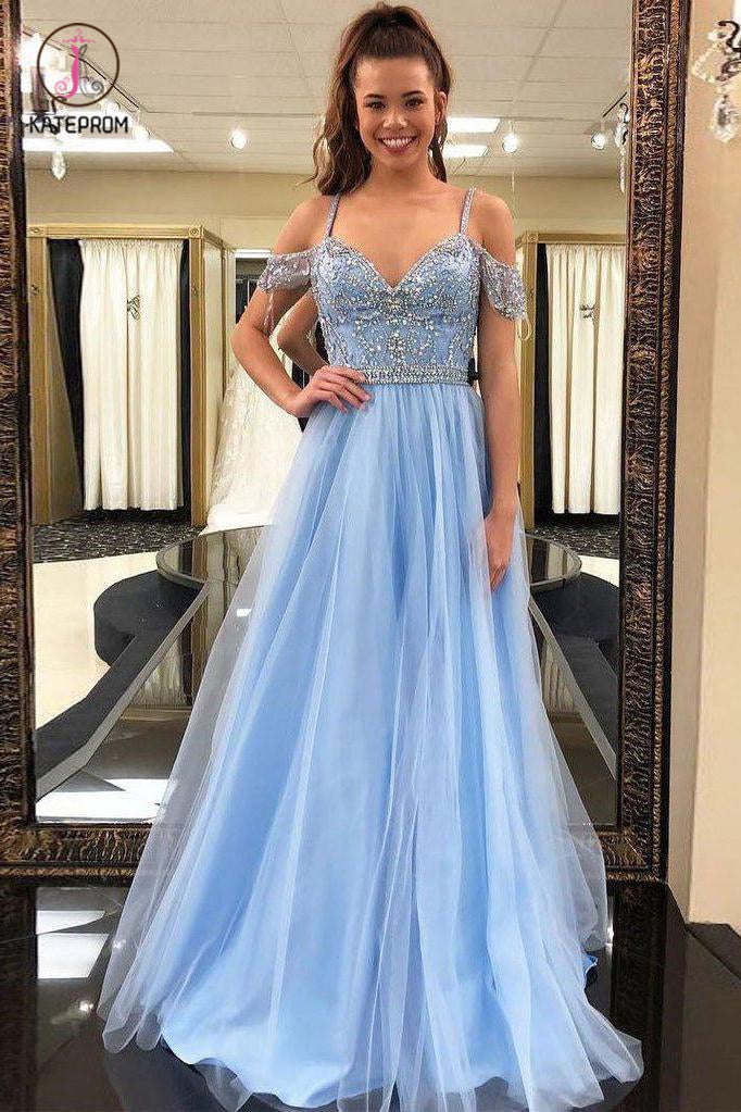 Floor Length Light Blue Straps Off Shoulder Tulle Prom Dress with Beading KPP0603