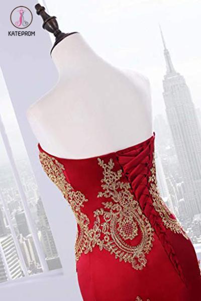 Floor Length Sweetheart Mermaid Red Prom Dress, Gold Appliqued Long Evening Dress KPP0593