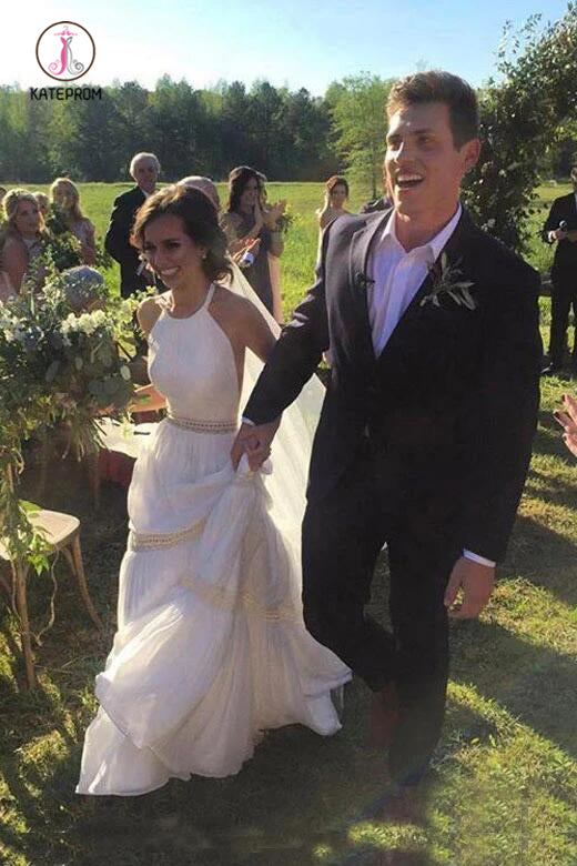 Elegant Halter A-line Long Backless Wedding Dress, Unique Sleeveless Bridal Dresses KPW0433