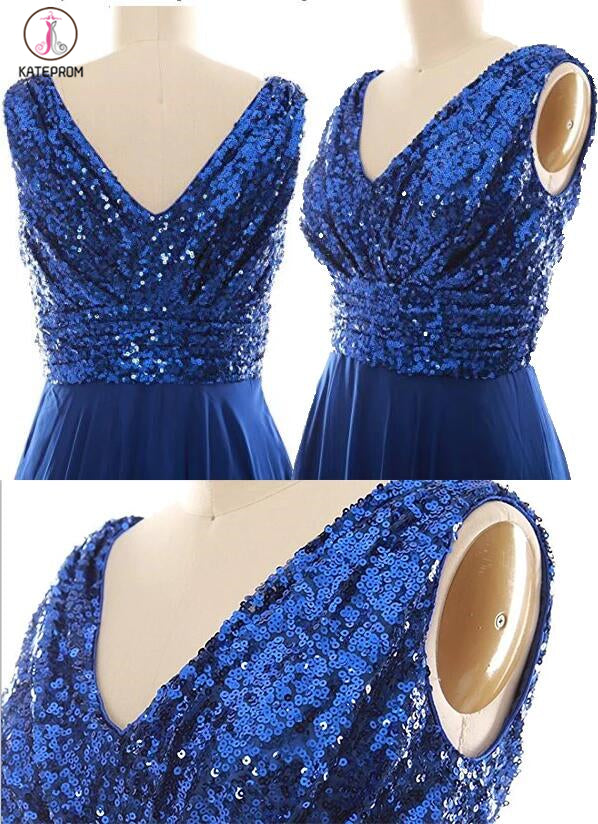 Blush Pink V Neck Sleeveless Chiffon Short Bridesmaid Dress with Rose Gold Sequins,Prom Gown KPB0013