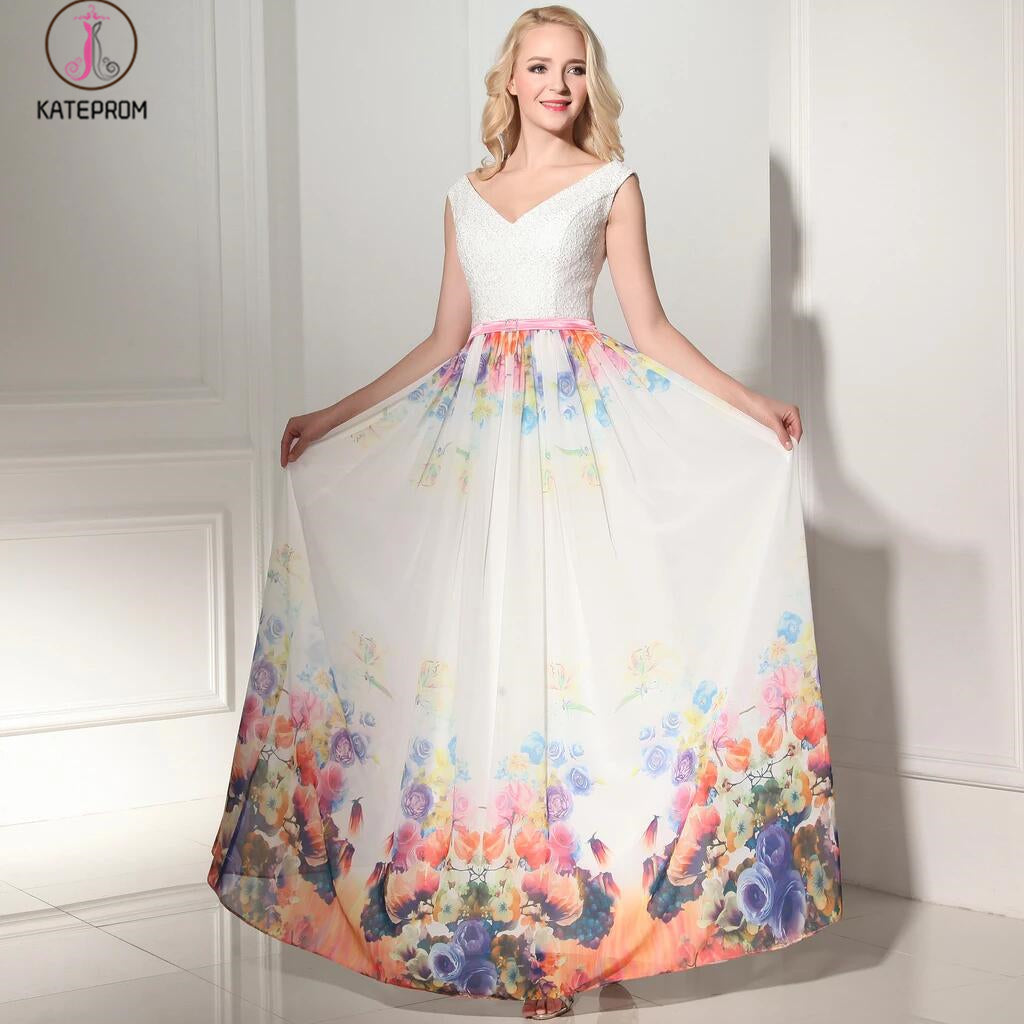 New Arrival Charming Long Printing V-Neck Prom Dress KPP0105